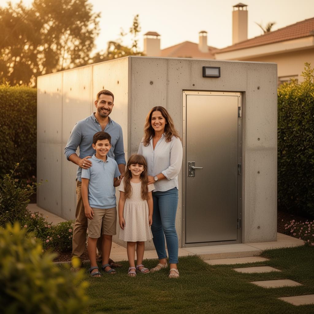 משפחה ישראלית — אבא, אמא ושני ילדים — עומדים מחויכים ליד המיגונית בחצר הבית